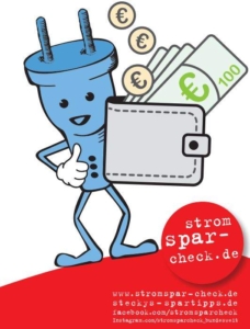 Cartoon-Stromstecker hält Geldbörse mit Euro-Scheinen, Hinweis auf Stromspar-Check.